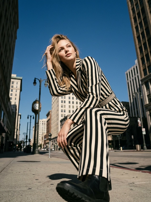 A fashion editorial street photo shot from a very low angle, camera close to the ground, looking upward under a clear blue sky. Strong vertical lines, natural distortion, and an elongated silhouette.
A confident woman poses mid-movement on an urban sidewalk, one knee bent, leaning forward with a hand in her hair.
She wears
an eye-catching, tailored
jumpsuit with bold vertical stripes and a sculpted
waist. Calm, self-assured expression, eyes gazing
upward.
Natural daylight only with crisp shadows and strong contrast. Urban background softly present.
Sharp
focus, realistic proportions, candid yet intentional street-style editorial vibe.