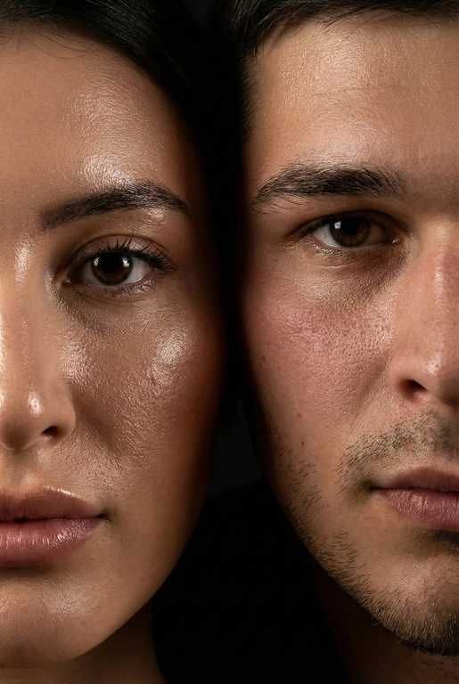   создай портрет, не меняя черты лица. Крупный план (extreme close-up) двух лиц людей, их лица прижатых друг к другу. Видны только половины каждого лица.
Драматичное освещение в стиле чиароскуро, глубокие тени.
Невероятная детализация кожи: видны поры, текстура, естественный блеск у женщины.
Выразительный взгляд прямо в камеру. Высокое разрешение, макросъемка, профессиональное студийное фото, 8K.