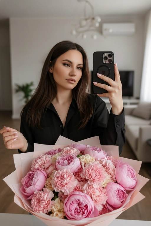 На фото — интерьерная зеркальная селфи-композиция на айфон 16 pro. Центральный объект в кадре — девушка в чёрной рубашке. Макияж естественный, длинные ресницы, блеск на губах. Сходство 100%. Девушка держит телефон в правой руке, аппарат в тёмном (чёрном) чехле с модулем камеры в верхнем углу: заметна круглая конфигурация объективов. Левой рукой она опирается на поверхность стола или пола позади большого букета. Ногти аккуратно накрашены в светлый оттенок. На переднем плане очень крупный пышный букет, упакованный в бумагу пастельных тонов. На фоне современный домашний интерьер. Букет в розовой гамме, цветы: крупные махровые пионы/гвоздики/гортензии или похожие по форме рuffled-бутоны разной интенсивности розового. 