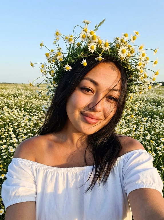 Женщина делает селфи. На ней белое легкое платье с открытыми плечами, лёгкое хлопковое  платье. Кожа загорелая. У нее на голове объёмные цветочные венки из мелких полевых ромашек . Венки должны быть пышные, натуральные, свежие, как летний flower crown. Цветы расположены вокруг головы, без искусственного вида.
Её волосы развиваются от ветра слегка падая на лицо.
Фон: летнее поле с ромашками. Открытое небо без облаков слегка голубое.
Не размывай фон. Голова слегка наклонена к плечу.
Рук в кадре нет.
Горизонт прямой , волосы сильно развиваются от ветра. Солнечная погода в золотой час.