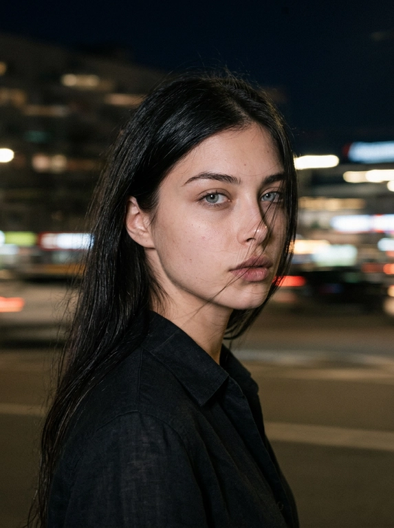 Гиперреалистичный cinematic portrait до плеч. Девушка повернута корпусом вправо, но смотрит прямо в камеру. На ней чёрная льняная рубашка. Распущенные волосы частично закрывают лицо прядями. Длинная выдержка 1/4s создаёт горизонтальные световые полосы и лёгкий motion blur от огней ночного города, при этом лицо остаётся читаемым. Только ambient light, мягкий приглушённый свет подчёркивает скулы и естественный рельеф лица. Реалистичная кожа с видимыми порами, естественными несовершенствами и микротекстурами. Органичная плёночная зернистость, без чрезмерного сглаживания, без искусственных фильтров, без plastic skin effect. Интроспективное, поэтичное, ночное настроение. 50mm, f/1.8, ISO 1600, focus on the eyes, raw style.