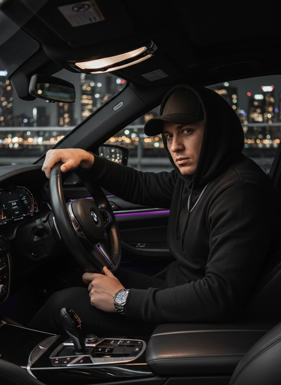 Мужчина сидит за рулём дорогого BMW, припаркованного на фоне ночного города. Рубашка аккуратно заправлена и подчёркивает элегантность и уверенность образа. Одна рука лежит на руле, он смотрит прямо в камеру уверенным взглядом. На нём серебряные часы и серебряная цепочка на шее. Салон BMW тёмный, с кожаными сиденьями и яркими фиолетовыми светодиодными акцентами. Вдалеке мерцают огни ночного города, создавая атмосферу современного стиля, статуса и силы. Съёмка выполнена на 50mm f/1.8 с использованием вспышки, что создаёт выразительный контраст света и тени.


Какая будет одежда?: На нём надета черная худи и кепка.
