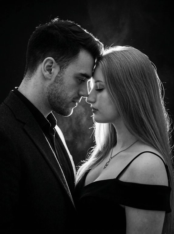 Создайте чёрно-белое ИИ-фото пары «Перед поцелуем»