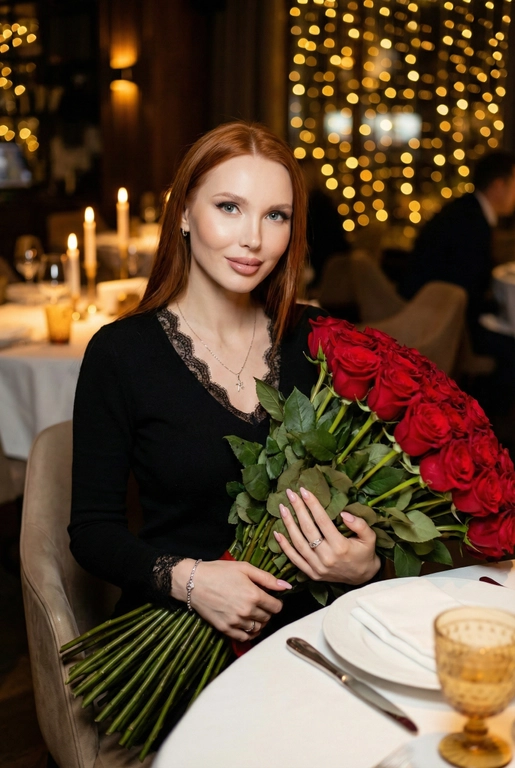 Женщина в дорогом ресторане сидит за сервированным столиком. Не меняй внешность, цвет волос и стрижку. Темное фото, теплые огни. В руках у нее огромный букет из 51 красной розы. Спонтанное фото в движении, немного смазано. Гламурный, но естественный макияж, серебряный браслет на руке, кольца, нежный маникюр. На шее тонкая серебряная цепочка и маленький кулон. Она смотрит в камеру, легкая улыбка. Она одета в черный кашемировый тонкий лонгслив с V-образным вырезом, отделанным тонким кружевом на воротнике и манжетах.