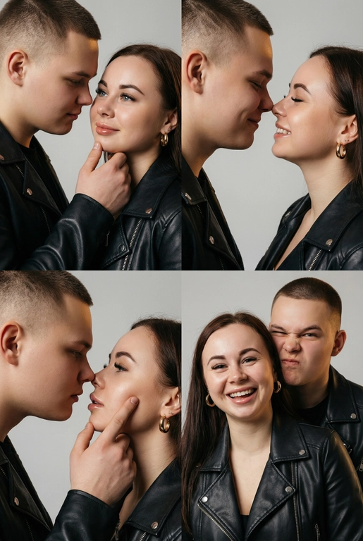 Фотореалистичный кинематографический коллаж в стиле фотобудки 2×2 из четырёх интимных портретов стильной пары крупным планом, расположенных в бесшовной сетке 2×2, на каждом кадре показана разная поза и выражение лица. Лица не меняются.  
  
Вверху слева — крупный план головы и плеч, мужчина нежно обнимает подбородок женщины; вверху справа — интимный профиль «нос к носу»; внизу слева — почти поцелуй с приоткрытыми губами и лёгким касанием щеки пальцами; внизу справа — игривый спонтанный снимок, где женщина смотрит в камеру, а мужчина корчит смешную рожицу.  
  
Обе модели модные и гламурные, тёплый загар с реалистичными бликами, естественная зернистость плёнки и тонкая текстура кожи. Женщина с золотыми серьгами‑кольцами, безупречным гламурным макияжем и блестящими губами; они оба в лёгких черных кожаных куртках; видны ювелирные украшения и фактурные ткани.  
  
Студийный бесшовный светло‑серый фон, мягкий равномерный ключевой свет спереди слева, тёплый вольфрамовый контурный свет справа для разделения, мягкие направленные тени для глубины. Кинематографическая атмосферная цветокоррекция с тёплыми бликами и нейтральными глубокими тенями, эстетика редакционного журнала. Сверхдетализированные пряди волос, реалистичные ресницы и брови, резкие отражения металла и ткани, правдоподобная ретушь журнального уровня, но при этом естественная.