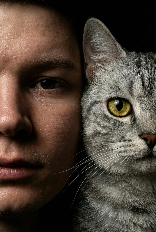   создай портрет, не меняя черты лица. Крупный план (extreme close-up) двух лиц людей, их лица прижатых друг к другу. Видны только половины каждого лица.
Драматичное освещение в стиле чиароскуро, глубокие тени.
Невероятная детализация кожи: видны поры, текстура, естественный блеск у женщины.
Выразительный взгляд прямо в камеру. Высокое разрешение, макросъемка, профессиональное студийное фото, 8K.