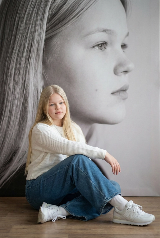   Максимально сохранить внешность, причёску и длину, как на фото.
Женщина должна сидеть на полу в изящной позе, в современном белом джемпере , в широких джинсах и белых носках и белых  кроссовках New Balance.

Её волосы как на фото
Выражение лица, как на фото, она смотрит на камеру .

Фон — тот же её профиль, в мягком крупном чёрно-белом художественном стиле, крупный план сбоку.

Композиция должна быть художественной, мягкой, реалистичной.
Создай изображение, которое выглядит как настоящая фотография.
