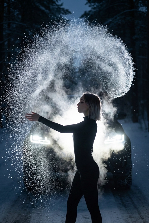 Создай портрет, не меняя черты лица. Эстетичный
женский силуэт в профиль на фоне ночного
снежного пейзажа. Девушка одета в стильный
черный комбинезон. Она в сильный мороз выливает
вверх полукругом в воздух кипяток, который,
замерзая в воздухе, образует красивую огромную
светящуюся дугу в воздухе. Контровой свет от фар
автомобиля сзади создает эффект ореола и
подсвечивает каждую снежинку и пар.
Атмосфера загадочная, холодная, высокая мода,
кинематографичное освещение, гиперреализм,