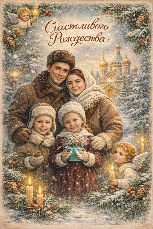 Создай винтажную рождественскую открытку со всеми людьми или одним человеком из предоставленных фотографий. Стиль - советские сказочные открытки 1950-1970-х годов, мягкая живописная иллюстрация, ощущение тепла и уюта. Композиция и формат: • Персонажи остаются в центре композиции • Фон - православная церковь, зимняя сказочная атмосфера Лица: • Лица сохранить максимально похожими на оригинальную фотографию (one-to-one likeness) • Без изменения черт лица, возраста и эмоций • Реалистичное сходство, аккуратная художественная стилизация без искажений. Одежда и образы: • Заменить современную одежду на старинную зимнюю советскую одежду. Если человек- женского пола , то добавь белый платок на голову. ⁠ Декор и детали:  • Хвойные ветки • ангелочки в сказочном стиле, церковные свечки • Лёгкий снег, морозные узоры Цвет и атмосфера: • Светлая, зимняя, мягкая цветовая палитра • Пастельные оттенки, эффект старой бумаги, легкое зерно • Сказочное, теплое новогоднее настроение  • Шрифт - изящный, рукописный, сказочный, в стиле советских открыток. Надпись: «Счастливого Рождества»