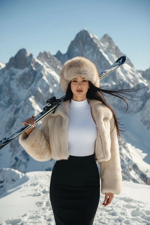 Средний план до бедер: женщина находится на снежном хребте на фоне высоких заснеженных гор. Не меняй внешность человека и комплекцию. Контраст холода и тела, ощущение силы, уверенности и luxury-эстетики. На ней белое облегающее боди с высоким горлом, укороченная светлая меховая куртка. В руках — горные лыжи. На голове меховая шапка-ушанка. Волосы распущены, их развевает холодный горный ветер. Свет естественный дневной, холодный и чистый, высокая детализация, журнальный high-fashion стиль, резкий фокус, кинематографическая композиция. Женщина держит лыжи на плече, другая рука свободно опущена. Куртка распахнута, боди подчёркивает силуэт.