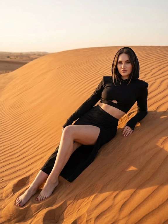 A hyper-realistic fashion photo of a woman reclining on the slope of a rippled orange sand dune during golden hour. Full-body shot, the entire body visible from head to toes, both feet fully visible, no cropping, low angle, her body placed diagonally across the dune, leaning back on one arm while the other hand rests naturally near her thigh. One leg is extended, the other slightly bent through the high slit of the skirt. She looks directly into the camera with a calm, confident expression. She wears a dramatic black hooded outfit with structured shoulders, fitted long sleeves with thumbholes, a waist cutout, and a long skirt with a high slit. Minimal dewy makeup, clean white manicure, natural skin texture, realistic pores, no plastic skin, no CGI. Warm golden-hour light, soft sun glow, gentle shadows, detailed sand texture, realistic fabric folds, cinematic but natural atmosphere. Shot on Canon EOS R, 24-70mm lens, sharp focus, ultra-realistic editorial photography.