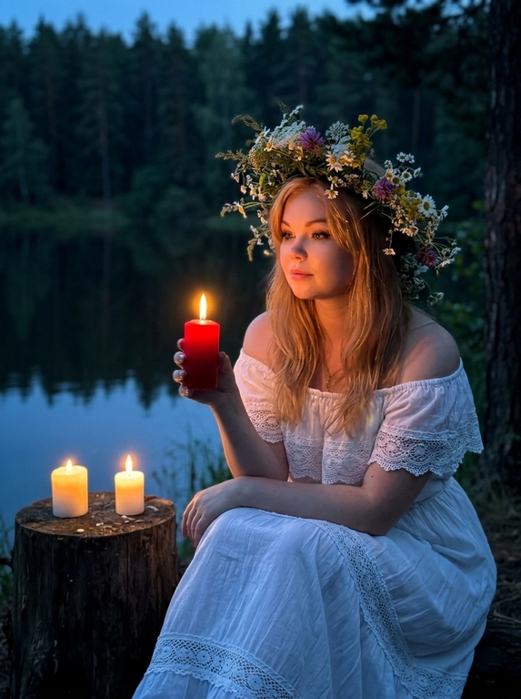 Ultra-realistic Ivan Kupala night atmosphere near a calm lake at twilight. Woman sitting beside an old tree stump near the water, body slightly leaning forward in a dreamy relaxed pose, one arm resting naturally over the knee, the other delicately holding a thin burning red candle beside another candle on the stump. White off-shoulder vintage peasant dress with lace details and soft fabric folds. Hair styling only: soft natural styling with loose face-framing strands. Large realistic wildflower crown made of chamomile flowers, meadow grass and white blossoms. Dark forest and calm lake behind, warm candlelight illuminating the face and hands, deep blue twilight shadows, mystical summer night mood. Shot on iPhone night mode, realistic low-light grain, lowered exposure, no flash, no blur, no bokeh, everything sharp and in focus.
