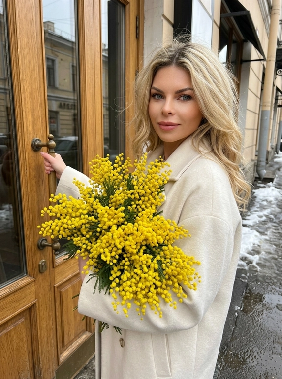 Сохранить черты лица и внешность, возраст, натуральный тон без ретуши. Средне-крупный план (от талии вверх), камера слева от женщины, лицо занимает не менее 35% кадра. Женщина стоит у входа в городское кафе с деревянной дверью и стеклянными вставками, корпус слегка развернут в 3/4 к камере. Лицом к двери, одной рукой держит ручку закрытой двери, другой прижимает к груди огромный пышный букет ярко-жёлтой мимозы. На ней элегантное светлое пальто (молочный оттенок), свободный крой. Волосы как на исходном фото слегка взъерошены ветром Мягкое выражение лица, лёгкая улыбка, взгляд в камеру. Атмосфера начала весны: тающий снег по краям улицы, влажный асфальт, мягкий рассеянный дневной свет, лёгкая прохлада в воздухе. Цветовая палитра нейтральная с ярким акцентом жёлтой мимозы. Фотореализм, натуральная текстура ткани и цветов, без HDR, без пластика, мягкий контраст, 35mm look.