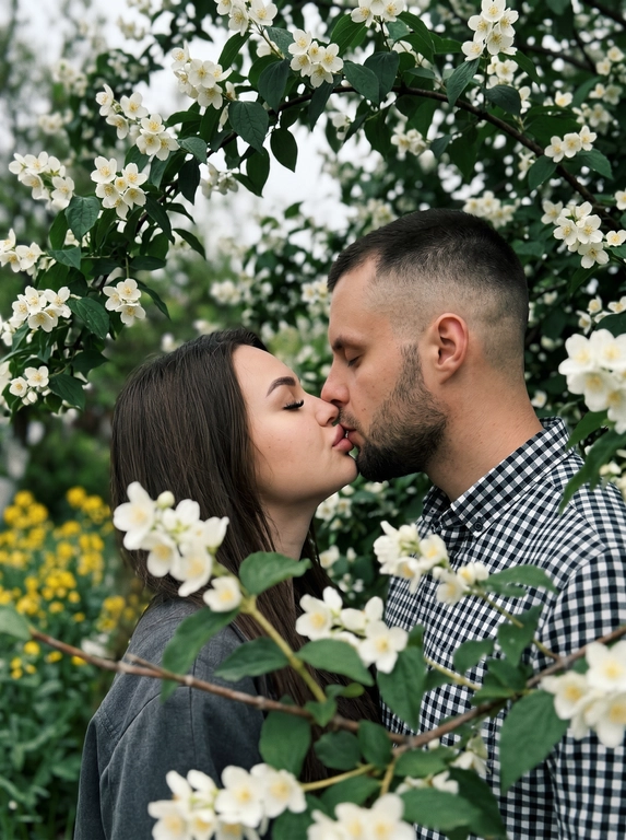 A man and a woman stand face to face, kissing—their lips touching, faces in profile, eyes closed. The shot is close-up, from shoulders to head, angled at eye level, with their faces centered in the frame and surrounded by flowering branches. The foreground and edges of the frame are filled with out-of-focus branches and flowers. Do not alter the faces from the uploaded photos.
The skin appears perfectly smooth and matte.
The man is wearing a cotton shirt with a small gingham check in black and white tones. The woman is wearing a dark gray jacket.
The location is a flowering tree with dense branches: large white flowers with five petals and yellow stamens —presumably jasmine or bird cherry—and dense dark green foliage. The branches frame the figures on all sides, creating a living, arched tunnel. In the left middle ground, yellow flowers are out of focus.
The lighting is natural, overcast, diffused, with no clear direction of the light source—an even, soft light. Shadows are virtually absent. Contrast is low. The overall tone of the frame is muted and cool, with green and white dominant tones. The highlights on the skin are subdued and matte. The film grain is pronounced.
Shot with an 85mm lens, minimal depth of field with sharp focus exclusively on the lips and the area where the faces meet—the foreground with the man's shoulder and the nearby branches are completely out of focus, the background with foliage is blurred into bokeh. Pronounced film grain. A reportage paired shot in the style of a Candid Film portrait, highly detailed and photorealistic.
Soft romantic spring botanical mood,
dominant tones: white blossom, deep green, dark charcoal,
low saturation with cool green emphasis,
flat diffused overcast natural lighting,
minimal shadow definition,
heavy analog film grain throughout,
lifted blacks with a soft hazy quality,
shallow depth of field with strong foreground blur,
Candid Film Spring color grading.