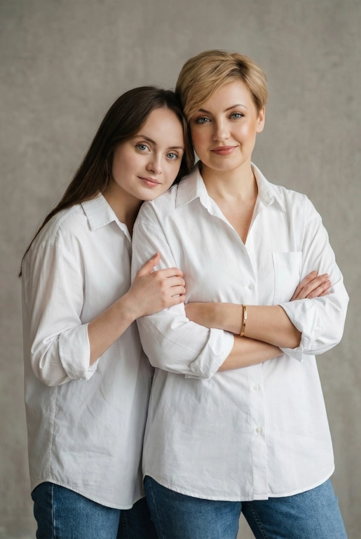 Используй эти два фото мамы и дочери и создай для них студийный портрет в чистом и элегантном стиле. Они стоят рядом, очень близко друг к другу. Дочь мягко обнимает маму за руку и слегка к ней прижимается со спины. Мама сложила руки перед грудью. Образ минималистичный, современный и стильный. На руке у матери тонкий золотой браслет. Профессиональный макияж и прическа.  Не менять черты лица ни на 1 процент. Фон — нейтральный серый с мягкой текстурой. Освещение рассеянное, мягкое, подчёркивающее естественные тона кожи. Атмосфера тёплая, нежная и спокойная, в стиле журнальной съёмки. Обе в свободных стильных белых рубашках с подвернутыми рукавами и джинсах.