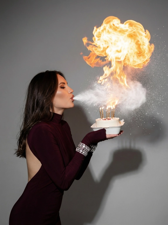 Ультрареалистичная фотография запечатлённого мгновения на день рождения. Лицевые черты, гендер, возрастная категория, мимика, укладка волос и телосложение воспроизводятся строго идентично прилагаемому референсу. Сюжет: человек запечатлён в профиль, в руках — миниатюрный белоснежный бенто-торт с горящими декоративными свечами. человек выдувает изо рта облако белой сахарной пудры в направлении пламени свечей, что провоцирует мгновенную мощную объёмную вспышку пламени (огненный шар). В воздухе над тортом — смешение огня с частицами белой пудры. Нейтральный серый студийный фон, резкая жёсткая тень. Качество 8k, эффект стоп-кадра.

Какой будет наряд?: Наряд: приталенное тёмно-бордовое платье с удлинёнными рукавами, высоким воротом-стойкой, обнажённой спиной и драпировкой в области бёдер. Украшения: крупные браслеты с кристаллами надеты поверх рукавов. 