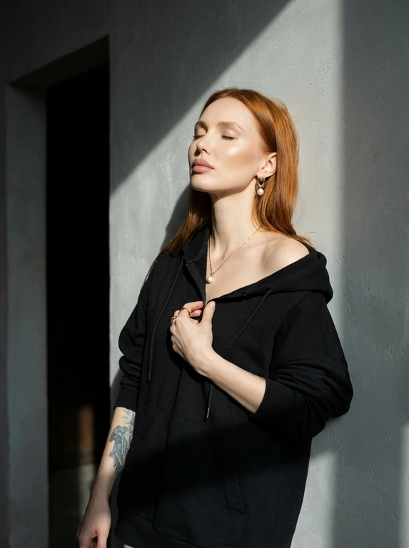 Используй загруженное фото для лица, строго не меняя черты лица, пропорции, возраст, текстуру кожи и волосы. Минималистичный портрет в интерьере с естественным светом, женщина стоит у серой текстурированной оштукатуренной стены, голова слегка запрокинута назад, глаза закрыты, лицо повернуто к источнику света, правая рука держит ткань толстовки у груди, левая рука расслабленно опущена вдоль тела. Оверсайз толстовка с капюшоном спущена с правого плеча, видны завязки, на шее тонкая золотая цепочка с кулоном с жемчужиной, золотые серьги среднего размера с жемчугом, золотое кольцо на пальце. Естественный макияж с деликатным скульптурированием, влажное свечение кожи, кожа ультрареалистичная без эффекта пластика и чрезмерной ретуши. Жёсткий направленный солнечный свет из окна создаёт резкие графичные тени на стене и лице, контрастное освещение, слева тёмный дверной проём добавляет глубину пространству. Съёмка на 50mm f/2.0, малая глубина резкости, естественный оконный свет, выраженные тени, цветовая гамма бежевый, золото, серый, баланс тёплых и холодных оттенков, minimalist editorial, фотореализм высокого качества.

Какой цвет толстовки?: Цвет толстовки чёрный.
