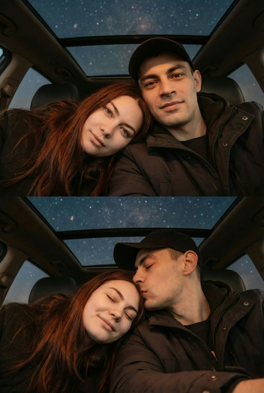 Создай вертикальный коллаж из двух фотографий в одном стиле.
Обе фотографии сняты внутри автомобиля, а через стеклянную крышу видно темное звёздное небо. Фото темное, снято на телефон, Атмосфера тёплая, уютная и романтичная. Фотографии должны быть реалистичными, с мягким освещением, естественными оттенками кожи и одинаковой цветокоррекцией на обеих частях коллажа.
Верхнее фото:
POV селфи: пара лежит рядом, крупный план. Мужчина в тёмной куртке и чёрной бейзболке смотрит в камеру. Женщина лежит, опираясь головой на его плечо, тоже смотрит в камеру. Мягкий свет на лицах, спокойные выражения.Акцент на лица.
Нижнее фото:
Та же композиция и ракурс. POV селфи: Мужчина нежно целует женщину в висок, женщина закрывает глаза с лёгкой улыбкой. Крупный план, фокус на эмоциях. Акцент на лица.