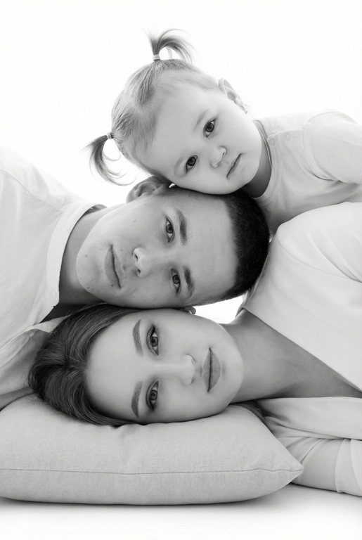 На основе предложенных фотографий, создай чёрно-белый профессиональный студийный портрет для этих людей, снятый сверху (top-down, overhead shot). Сохрани настоящие лица, возраст и индивидуальные черты людей.
Композиция «снизу вверх», шахматный порядок:
﻿﻿самый старший человек находится внизу, как мягкая подушка, его голова опирается на нейтральную студийную поверхность (например, плед или подушка);
следующие люди аккуратно и легко расположены на старшем человеке в шахматном порядке, их голова слегка приподнята, без ощущения давления; ﻿﻿

Несмотря на шахматное расположение, головы выстроены строго в одну вертикальную линию, взгляд в камеру.
Расположи их по убыванию возраста.

Видны только головы и плечи. Выражения мягкие, спокойные, нежные. Одежда однотонная, светлая или нейтральная, элегантная, без чёрного цвета.
Фон - чистый студийный, без пола и лишних деталей, создающий эффект «воздушного» портрета.
Стиль и освещение:
Студийная высококачественная чёрно-белая фотография (high-key).
Мягкий ровный свет сверху, минимум теней. Чистый фон; фотореализм, высокая детализация лиц, аккуратная текстура кожи; 8K.
