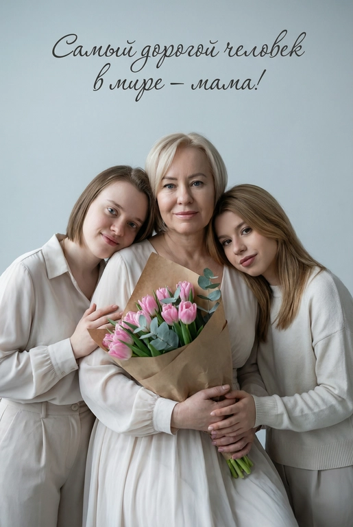 Создай трогательный кадр из профессиональной фотосессии в студии, где запечатлен момент близости матери и ее ребенка/детей. Дети могут быть как взрослыми так и детьми, в зависимости от предоставленных фото. Сделай так, чтобы все они смотрелись гармонично и трогательно. Мама одета в светлое платье. Ее дети/ребенок одеты в подходящую по стилю фотосессии. Освещение холодное. Фон светлый, бесшовный. Фото в стиле Энни Лейбовиц, четкий фокус. У мамы в руках букет розовых тюльпанов и эвкалипта в крафтовой бумаге. Люди смотрят в камеру с мягкой улыбкой. Наверху поверх фото красивым рукописным шрифтом с завитками написано:  Самый дорогой человек в мире – мама!