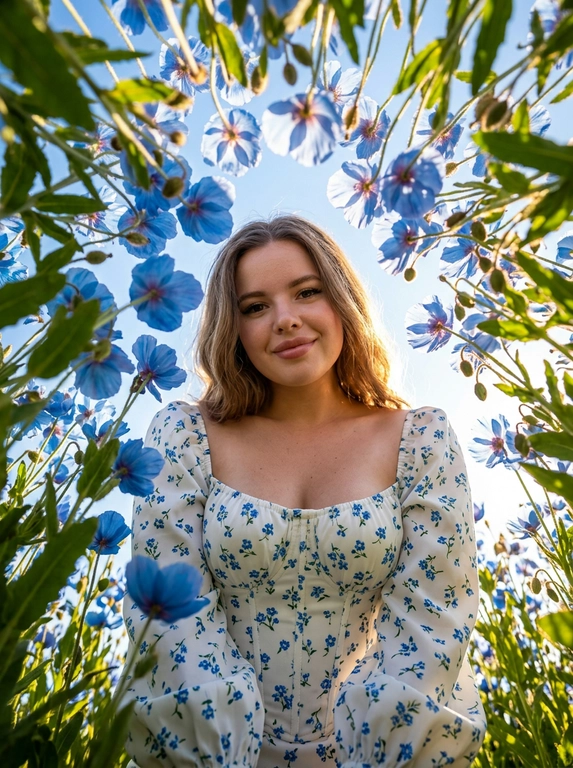 Создай портрет, не меняя черты лица. Экстремальный нижний ракурс (взгляд «из травы»), направленный вертикально вверх на женщину. Цветы тянутся к центру, свет проходит сквозь лепестки (эффект подповерхностного рассеивания). Женщина в белом корсетном топе с длинными рукавами-фонариками и открытыми плечами. Весь корсетный топ — в мелких голубых цветочках. На лице нежная улыбка. Акцент на деталях и коже: кожа детализированная. ISO 100 для отсутствия шумов, выдержка 1/2000 сек. Стиль National Geographic, мода. Гиперреализм, разрешение 8K.


Какие будут цветы?: Она окружена луговыми полевыми голубыми цветами — видны зелёные стебли. голубого цвета, слегка напоминают маки.