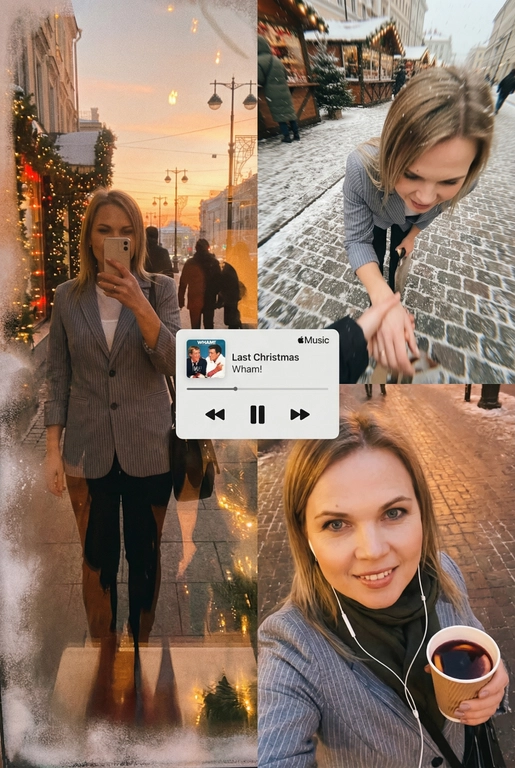   Многопанельный коллаж в стиле зимнего постера, передающий рождественскую атмосферу улицы, снятый как спонтанная фотография на iPhone. Сцена выглядит естественной, уютной и реалистичной: мягкий снегопад, тёплые отражения в окнах и едва заметная аналоговая зернистость создают праздничное, но сдержанное рождественское настроение. Все кадры объединены единым визуальным образом и ощущением зимнего уюта. 
 
В верхнем левом кадре — отражающая витрина магазина на закате. Слабые рождественские огни и матовые края стекла окружают человека, который держит телефон, частично закрывающий лицо. Тёплые блики света, гирлянды, уличные огни и проходящие силуэты создают мягкое размытие и многослойные отражения в стекле с естественным искажением кривизны. 
 
В верхнем правом кадре — крупный план, снятый сверху вниз, на заснеженном тротуаре или возле рождественского рынка. Человек небрежно наклоняется вперёд, создавая ощущение движения и спонтанности. Падающий снег формирует лёгкое размытие, а поверхность земли слегка искажается в зависимости от ракурса объектива, усиливая эффект съёмки с рук, без постановки. 
 
Нижний правый кадр — интимное селфи, сделанное сверху при тёплом уличном или кафешном освещении. В руках — праздничный напиток на вынос (кофе или глинтвейн), заметны проводные наушники. Детали хорошо проработаны, а мягкая зернистость усиливает ностальгическое рождественское настроение. 
 
В центре коллажа расположен минималистичный мини-плеер в стиле Apple Music, отображающий популярную рождественскую песню (например, «Last Christmas» или «All I Want for Christmas Is You»), выполненный в плоском, чистом дизайне без теней. 
 
Цветовая палитра тяготеет к тёплым янтарным, мягким красным, сосново-зелёным и приглушённым зимним серым тонам, создавая атмосферу праздничной близости, визуальной теплотой и эмоциональной узнаваемости — без ощущения постановки или футуризма.