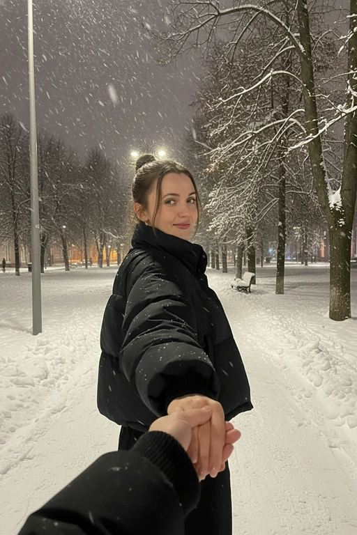 Создай на этом фото романтический и слегка меланхоличный момент, снятый от первого лица (POV) ночью, на фоне зимнего городского парка.
В центре кадра — девушка. Её лицо полностью открыто и хорошо видно. Девушка держит парня за руку и резко оборачивается через плечо, мило улыбается Взгляд направлен прямо в камеру
Одежда и детали:
На девушке объёмная укороченная чёрная куртка, выглядящая тёплой, уютной и современной, идеально подходящей для зимней ночной прогулки.
Взаимодействие:
На переднем плане видна рука парня — это рука человека, который делает снимок. Их пальцы переплетены, что создаёт классический сюжет «follow me» (следуй за мной) и подчёркивает близость пары. Рука парня одета в чёрную куртку с ребристыми манжетами.
Окружающая обстановка:
• Место: ночной заснеженный городской парк
• Пейзаж: справа — деревья, густо покрытые снегом, и уличные фонари с мягким тёплым светом
• Атмосфера: зимняя эстетика — прохладное, немного грустное, но очень уютное настроение. В воздухе видны крупные хлопья падающего снега, создающие ощущение движения и глубины кадра.
Общее впечатление:
Фотография передаёт момент прогулки, наполненной движением, ветром и эмоциональной близостью. Кадр выглядит как стоп-кадр из лайфстайл-блога или короткого видео для Reels/TikTok, где романтичное начало создаёт интригу и ощущение неожиданного поворота.