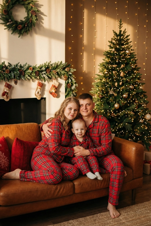   Создай трогательный кадр из профессиональной фотосессии в студии, где запечатлен момент семейной близости. Люди на фото могут быть как взрослыми так и детьми, в зависимости от предоставленных фото. Сделай так, чтобы все они смотрелись гармонично и трогательно. Фото в стиле Энни Лейбовиц, четкий фокус.

Люди в расслабленных позах на низком коричневом кожаном диване и на плотном светлом вязаном ковре. Естественные прически и минимальный макияж. 

Студия украшены в рождественском или новогоднем стиле, рядом с диваном стоит елка, позади дивана камин. Каминная полка украшена еловой гирляндой, шишками и маленькими рождественскими носочками. На диване красные декоративные подушки. В студии висят теплые гирлянды и мягко светятся.  

На фото видно лица людей и они смотрят в камеру.
 
Освещение мягкое, естественное, теплое, в стиле "Золотой час", мягкие тени, камера на уровне глаз, теплый цветовой грейд (золотисто-коричневые тона), натуральные оттенки, тонкая ретушь, мягкая пленочная текстура, атмосфера уюта, семейного тепла и близости. Одежда в стиле классических красных пижам в клетку 