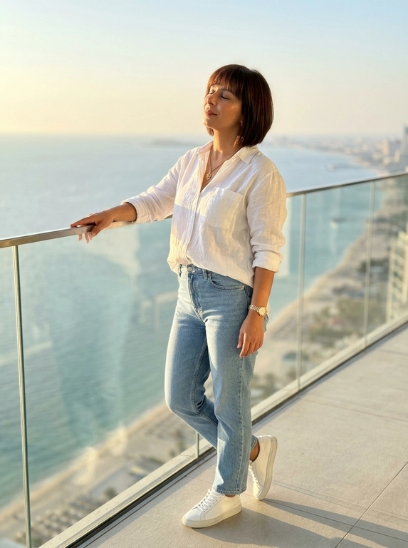 ultra realistic luxury sunset portrait of a woman standing on a balcony with ocean view,  candid instagram aesthetic, taken on iPhone 16 Pro Max. woman standing relaxed near glass railing, body slightly turned sideways, one arm resting on railing, eyes closed enjoying warm sunlight, elegant feminine posture.
outfit: oversized black blazer, fitted white crop top, elegant black trousers, luxury minimal jewelry and watch, classy old money aesthetic.
makeup: soft glam makeup with glowing bronzed skin, natural contour, sharp brows, long lashes, realistic skin texture and warm sunlight highlights.
lighting: warm golden hour sunlight, cinematic sunset glow, realistic natural shadows, soft highlights on hair and skin, luxury evening atmosphere.
background: ocean view, soft cloudy sunset sky, blurred city coastline and road below, cinematic depth, warm dreamy aesthetic.
camera: realistic iphone portrait shot, 50mm lens look, shallow depth of field, focus on woman with softly blurred background.
important: ultra realistic iphone photography, candid luxury influencer vibe, cinematic rich girl aesthetic, natural body proportions, realistic skin texture, film look, no overprocessed ai skin.

Какая будет прическа? : Не менять мою прическу

Доп. характеристики: Не менять фигуру, цвет волос и не менять прическу. Надеты джинсы голубые , белая рубашка и белые кроссовки