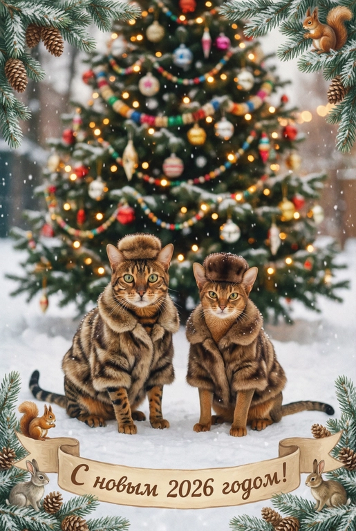   создай новогоднюю фотографию в стиле советского фильма: лица максимально похожи на исходное фото, на улице, в старой зимней одежде (пальто/шуба с меховым воротником, меховая шапки из ондатры или норки). Идёт снег. На фоне размытая украшенная советскими стеклянными игрушками ёлка с гирляндами и тёплыми огоньками. Внизу бежевая декоративная лента с надписью. Рамка по краям из еловых веток со снегом, добавить шишки, белочек и зайчиков. Атмосфера уюта и ностальгии, мягкие кистевые мазки, тонкая плёночная зернистость, мягкая глубина резкости. Надпись на ленте: "С новым 2026 годом!"
