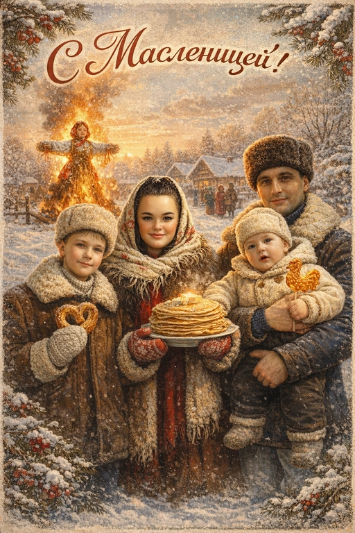  Создай винтажную открытку из предоставленных фотографий. Не меняй внешность, возраст, черты лица и индивидуальные особенности.
Стиль — советские сказочные открытки 1950–1970-х годов: мягкая живописная иллюстрация, тёплая палитра, ощущение уюта, лёгкая художественная детализация, деликатное зерно.
Композиция и формат:
Одежда: в традиционной славянской зимней одежде (шапки, полушубки, платки, варежки).
В руках могут быть традиционные угощения (сахарный петушок на палочке, крендель, стопка блинов на тарелке).
На заднем фоне — большая горящая Масленица (чучело на костре).
Зима, золотой час, мягкий тёплый свет.
Качество 8K.
Надпись: «С Масленицей!»
Шрифт — изящный, рукописный, сказочный, в стиле советских открыток.