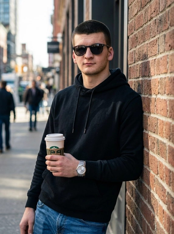 Кинематографический портрет человека в городской обстановке, стоящего у стены и расслабленно опирающегося на неё спиной. Он держит в руке стакан с кофе из "Starbucks" и смотрит в сторону камеры. На запястье стильные часы, на лице тёмные солнцезащитные очки. Естественный городской свет, мягкие тени, атмосферная уличная сцена, фотореализм, высокая детализация, кинематографическая глубина резкости.

Какая будет одежда?: На нём черная худи и синие джинсы.