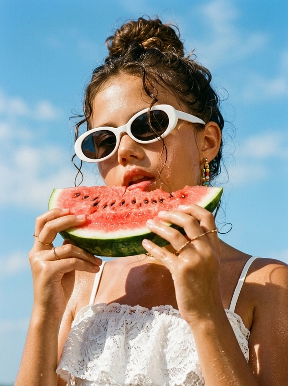 Фотореалистичный летний fashion-портрет, плёночная редакторская эстетика. Крупный план в 3/4, кадр по плечи и верх груди, камера чуть снизу, лицо в верхней части кадра на фоне неба, вертикальная ориентация. Женщина подносит крупный ярко-красный ломоть арбуза, который держит одной рукой у губ; губы слегка приоткрыты, голова чуть приподнята, взгляд в камеру, выражение чувственное, лёгкое летнее настроение. Образ: белый кружевной топ с рюшами на тонких бретелях, золотые серьги с цветными бусинами, тонкие золотые кольца. Кожа загорелая, сияющая, с лёгким влажным блеском на солнце; макияж естественный: ровный светящийся тон, выразительные брови, мягкие тени, глянцевые губы. Фон: ясное ярко-голубое летнее небо с лёгкими белыми облаками. Свет яркий прямой полуденный солнечный, тёплый, создаёт глянцевые блики на коже и сочные тени, ощущение знойного дня. Тёплая плёночная цветокоррекция, слегка винтажная и приглушённая, мелкое плёночное зерно, насыщенные тёплые тона, контраст голубого неба и тёплой кожи, мягкий контраст, глянцевый летний редакторский вайб.

Какая будет прическа?: Волосы убраны наверх в небрежный пучок, у лица свободно вьются лёгкие кудрявые пряди, слегка влажные. 

Нужны ли на фото очки? : На глазах белые ретро-очки овальной формы