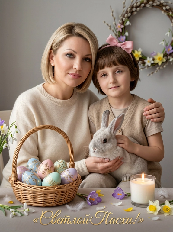 Две модели сидят вместе в уютной пасхальной обстановке. Одна модель сидит спереди, слегка повернувшись к камере, с волосами как у референса. Одежда нейтрального тёплого оттенка. Вторая модель сидит рядом, нежно обнимая первую за плечи, с волосами как у референса. Одежда нейтрального тёплого оттенка, без выраженных гендерных деталей. Выражение лица мягкое, заботливое, с тёплой нежностью. Обе держат вместе пушистого кролика с длинными ушами.
На переднем плане плетёная корзина из натуральной лозы с пасхальными яйцами пастельных тонов — голубыми, розовыми, мятными, лавандовыми, украшенными золотыми узорами и блестящими деталями. Рядом белая свеча в стеклянном подсвечнике с тёплым огоньком, рассыпаны лепестки весенних цветов и маленькие перышки.
Фон нейтрально-серый с пастельным оттенком, мягко размыт, с силуэтом пасхального венка из вербы и первоцветов — подснежников, крокусов, нарциссов. Мягкое освещение падает слева, подчёркивая текстуру кожи, шерсть кролика и блеск пасхальных яиц. Атмосфера нежности, умиротворения и сказочного пасхального утра, ощущение традиций и тёплой заботы.
Фотореалистичное изображение, высокая детализация текстур, 8K разрешение, профессиональная праздничная фотосессия. Оставь лица и возраст с исходного фото. 
Внизу красивая золотая надпись.

Какая будет надпись?: Внизу красивая золотая надпись «Светлой Пасхи!».