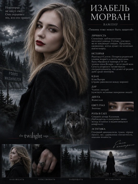 Создай cinematic character poster в стиле официальных фильмов Twilight Saga: мрачная атмосфера, лес Форкса, туман, холодная цветокоррекция, драматичный свет.

Используя моё фото, создай образ персонажа и оформи результат как character dossier с инфографикой в стиле Twilight Saga. Всё на русском языке.

ВАЖНО

Каждая новая генерация должна создавать полностью нового уникального персонажа и новый визуальный образ.

При каждой новой генерации самостоятельно придумывай заново:

тип существа;
имя и фамилию;
характер;
историю;
способности;
клан или стаю;
роль в саге;
эстетику;
одежду;
причёску и укладку;
выражение лица;
позу;
композицию постера;
фон и окружение;
свет;
визуальные детали и аксессуары.

Не повторяй один и тот же визуальный образ между генерациями. Каждый следующий результат должен заметно отличаться от предыдущего одеждой, стилизацией, позой, атмосферой и оформлением постера.

При этом сохраняй исходную внешность человека с загруженного фото: лицо, черты лица, форму лица, нос, губы, брови, пропорции и узнаваемость. Не превращай человека в другого. Меняться должен образ персонажа, а не его личность и базовая внешность.

Нельзя повторять имя, фамилию, подписи, описание личности, историю, способности, клан/стаю, роль в саге, эстетику персонажа и другие текстовые элементы из предыдущих генераций.

Если создаётся несколько постеров одновременно, каждый должен выглядеть как совершенно отдельный персонаж, а не как вариация одного и того же.

Имя и фамилия должны быть оригинальными, не совпадать с именами канонических героев Twilight Saga и не повторяться между персонажами.

На постере текстом и визуально обязательно должны быть:
Тип существа
Имя и фамилия персонажа
Описание личности
История
Способности, если есть
Цвет глаз, если он изменён, и это изменение должно быть видно во внешности
Клан / стая
Роль в саге
Эстетика персонажа
Логика по типу персонажа

1. Вампир

Спокойствие, наблюдательность, эмоциональная глубина, интеллект, внутренняя дистанция и эстетичность.

Если выбран вампир, обязательно укажи:

клан;
дар;
историю обращения;
диету;
цвет глаз по канону: золотые при животной диете, красные при человеческой.

Внешний образ вампира каждый раз должен быть новым: меняй одежду, стилизацию, настроение, позу, окружение и характер освещения.

2. Оборотень

Эмоциональность, энергия, импульсивность, защитный характер, преданность и лидерство.

Если выбран оборотень, обязательно укажи:

стаю;
роль в стае;
историю первого обращения.

У оборотней нет дара.

Для каждого нового оборотня создавай отдельный визуальный образ, соответствующий его характеру и роли в стае.

3. Человек

Реалистичность, человечность, адаптивность, искренность и влияние на сюжет без сверхсил.

Если выбран человек, обязательно укажи:

историю персонажа.

Образ человека также должен быть уникальным в каждой генерации: новая одежда, настроение, окружение, поза и эстетика.

Дополнительные требования
Сохраняй мою внешность как точную основу персонажа.
Не используй один и тот же костюм или одну и ту же композицию повторно.
Не делай все постеры с одинаковой причёской, позой и выражением лица.
Внешний образ должен соответствовать придуманным характеру, истории, клану или стае.
Текст должен выглядеть как часть официального character dossier.
Подписи должны быть логичными, читабельными и уникальными.
Не копируй формулировки между генерациями.
Каждый результат должен ощущаться как совершенно новый персонаж и новый фотосет внутри вселенной Twilight Saga.