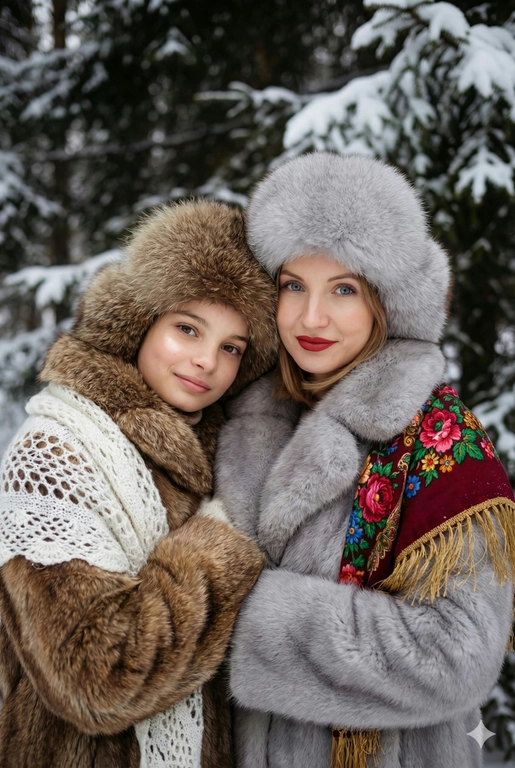 Создай кадр, который представляет собой теплый, уютный, слегка ностальгический зимний портрет в фэшн/фолк-стиле. Атмосфера спокойная, элегантная, дружеская близость двух моделей; сочетание высокой моды (мех, профессиональная ретушь) и фольклорной эстетики (вышитый шарф). Композиция и позирование: Форма кадра: портретный, вертикальный (соотношение примерно 3:4). Расположение: две женщины в центре кадра, тела и головы видны на груди; правая модель немного ближе к камере. Позы: девушки стоят близко друг к другу, левая модель слегка опирается на правую; плечи слегка повернуты к камере. Взаимодействие: мягкая улыбка, закрытое выражение лица, взгляд в камеру; дружелюбный, уверенный тон. Лица и макияж: Кожа: гладкая, естественная текстура, легкий эффект сияния. Глаза: аккуратные блики – оживляют взгляд; нейтральный/теплый макияж теней. Брови: естественная форма, слегка очерчены. Губы: у правой модели насыщенный матовый красный (центральный акцент), у левой – нежно-розовый нюдовый. Волосы: свободные пряди вокруг лица, несколько прядей с легкой волной для естественности. Шапки: большие пушистые меховые шапки с очень четко выраженной текстурой меха; справа – светло-серый мех, слева – коричневый мех. Форма: высокие, округлые, плотно сидят на голове, частично закрывают лоб – создают силуэт и рамку для лица. Верхняя одежда и текстуры: меховые пальто: густой натуральный мех у левой модели коричневый, у правой модели – светло-серый тон с видимым направлением волосков; богатая текстура и объем. У девушки справа на правом плече маленький платок с традиционным русским орнаментом – яркие цветы и листья, на фоне глубокого красного цвета с золотисто-терракотовыми, зелеными деталями; Тонкая бахрома ниспадает на ее плечо. У девушки слева на левом плече небольшой вязаный белый шарф с крупным ажурным узором, что добавляет контраста в текстуре и цвете. Окружение и фон: Лес: темные хвойные деревья, вертикальные силуэты стволов; снег на земле/вдали — размытый фон (боке).