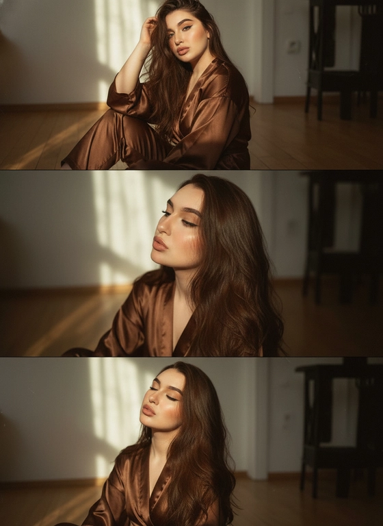 Не меняй черты лица, оставь их точь в точь как на загруженном фото, в том числе макияж и волосы.
Композиция из триптиха изображает женщину дома сидящей на полу деревянном  в золотой час 
На ней свободная коричневая атласная пижама кимоно. Фото по пояс 
На верхнем кадре портрет лица крупным планом, женщина сидит на деревянном полу смотрит в камеру лицо боком поправляя волосы На заднем плане светлая комната.
На центральном кадре близкий ракурс глаз той же девушки боком к камере 
На нижнем кадре портрет крупным планом изображена всё та же женщина, голова запрокинута назад глаза закрыты сидит на том же полу  
На всех кадрах её волосы падают на лицо закрывая часть 
Цветовая палитра приглушена
Общий стиль наводит на романтику. Присутствует видимая зернистость. На каждом кадре попадает солнечный свет
На каждом кадре кинематографический эффекта с добавлением зерна
Прическа везде одна