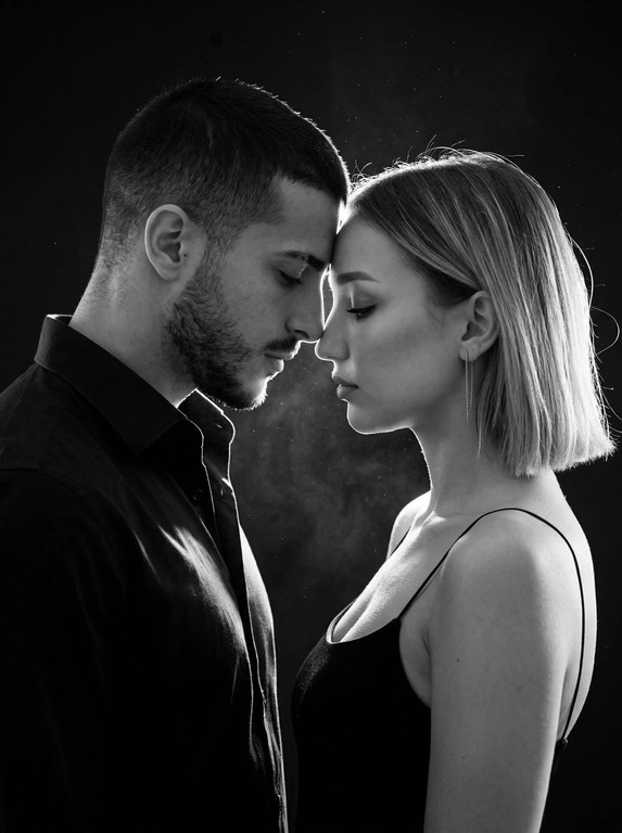 Фотореалистичный чёрно-белый кинематографичный портрет пары в тёмной студии. Сохранить внешность по загруженным фото: черты лица, пропорции, возраст, форму глаз/носа/губ, текстуру кожи и естественную мимику — без идеализации и изменений.
Крупный план по пояс, профиль к профилю. Мужчина слева, женщина справа. Они стоят очень близко, лбы и кончики носов почти соприкасаются, момент «перед поцелуем». Взгляд опущен (не в камеру): он смотрит вниз/на её губы, она закрывает глаза или смотрит вниз, выражение тихое и нежное. Между ними минимальная дистанция, без улыбок, атмосфера интимная и спокойная.
Мужчина в тёмной рубашке/пиджаке. Женщина в чёрном платье/топе на тонких бретелях, открытые плечи, серьга-цепочка, кожа с естественным бликом.
Свет: жёсткий контровой/рисующий свет сзади и чуть сбоку (rim light), сильная световая окантовка по волосам и профилям, передняя часть лица в мягкой полутени. В воздухе видны мелкие пылинки/частицы, подсвеченные контровым светом, лёгкий кинематографичный дым/хейз (очень деликатно). Фон полностью чёрный, без деталей.
Оптика/съёмка: 85mm, f/1.8-2.2, малая ГРИП, резкость на линии нос-лоб, остальное плавно уходит в мягкое боке.
Высокий контраст, глубокие чёрные, яркие хайлайты по волосам, плёночное зерно, лёгкий glow на контуре, без «пластика» и без пересвета на коже.