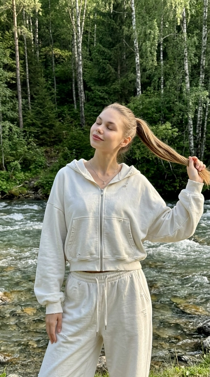 Женщина у быстрой реки на фоне зелёного леса