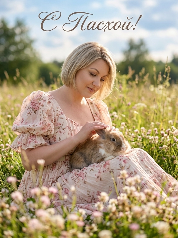 Фотореалистичная fashion editorial фотография в мягком кинематографичном ключе, оформленная как красивая пасхальная открытка. 
Модель сидит в цветущем летнем лугу по пояс в траве, корпус слегка повернут в 3/4, голова нежно наклонена; на её коленях расположен кролик, она мягко гладит его обеими руками, кролик удобно устроился, его пушистая шерсть хорошо читается, одно ухо приподнято.
Кадр вертикальный, средний план (от талии, бедер до макушки) камера на уровне глаз или чуть ниже, лёгкий наклон вверх, центральная композиция с мягким смещением героини влево. Передний план заполнен размытыми розовыми цветами, создающими воздушное боке и глубину.
Объектив портретный 50-85 мм (полнокадровый экв) натуральная перспектива без широкоугольных искажений; малая, средняя глубина резкости, точный фокус на лице и кролике, фон плавно размывается, передние цветы сильно размыты.
Освещение естественное дневное «golden hour», мягкое солнце, тёплый ключевой свет сбоку и немного сверху, нежные тени без жёстких контрастов, лёгкий контровой свет подсвечивает контуры и создаёт тонкий ореол на волосах и кроличьей шерсти, мягкие блики на коже и ткани.
Цветовая палитра пастельная и воздушная: небесно-голубое небо, свежая зелень, розово-персиковые и кремовые оттенки цветов и платья, лёгкая тёплая тонировка, чистые светлые хайлайты, умеренная насыщенность, лёгкий film look с тонким матовым эффектом в тенях и аккуратным зерном.
Выражение спокойное и мечтательное, губы расслаблены, ощущение нежности и умиротворения.
Одежда: лёгкое романтичное платье в стиле cottage core, светлая ткань с нежным розовым цветочным принтом, объёмные рукава, мягкие складки и драпировка.
Окружение: густой луг с множеством мелких розовых и белых полевых цветов, высокая трава, голубое небо с мягкими облаками, лёгкое движение травы и волос от летнего ветерка.
В верхней части кадра размещена элегантная каллиграфическая надпись на русском: аккуратный праздничный шрифт, гармонично вписанный в композицию.

Какая будет надпись?: В верхней части кадра размещена элегантная каллиграфическая надпись на русском: "Счастливой пасхи!" аккуратный праздничный шрифт, гармонично вписанный в композицию.