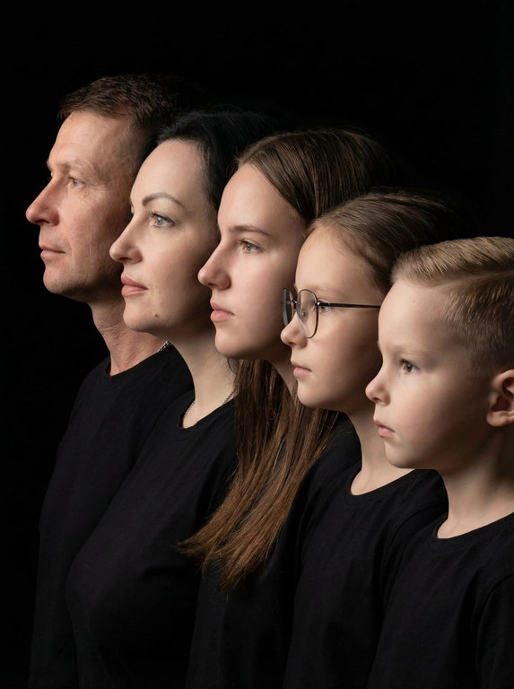 Профессиональный студийный портрет с низким контрастным светом. Головы расположены строго в одну линию. боковой профиль, взгляд влево. У всех видны только головы и немного плечи. Головы занимают весь кадр. Черный фон. Черная одежда у всех. Расположи их по убыванию возраста.