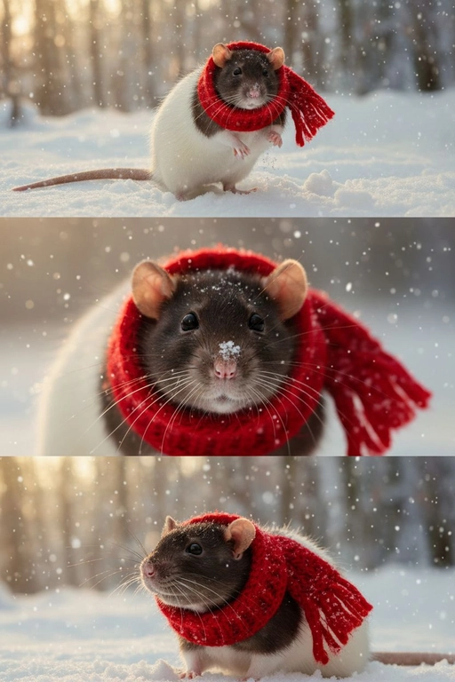     Коллаж из 3-Х фото моего питомца на зимнем фоне в снегу. Питомец в вязаном шарфе, вокруг падает снег, на заднем плане заснеженный лес.

Первый кадр — питомец в полный рост. Он играется со снегом 

Второй кадр — крупный план, увеличенный кадр мордочки питомца с одной снежинкой на носике. Мордочка питомца занимает весь кадр, взгляд прямо в камеру 
 
Третий кадр - портрет питомца, он смотрит в левую сторону. На фото виден шарф, на шарфу есть снежинки 

Три кадра объединены в вертикальный коллаж в едином тоне и свете. Атмосфера — реалистичная, теплая и немного кинематографичная.
Свет мягкий, утренний.  Цвет шарфа - красный 
