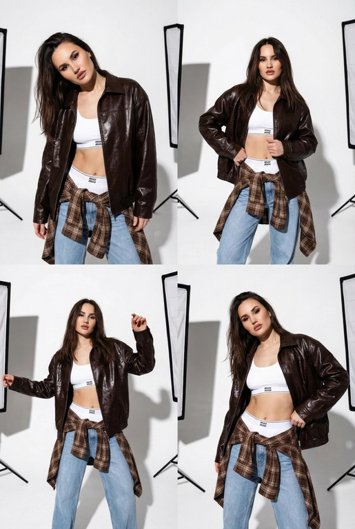  Коллаж из четырех фотографий женщины с загруженной фотографии лицо не изменять 100% сходство в стиле high-fashion и streetwear. Она позирует в студии с жестким направленным светом. На ней надет белый спортивный топ-бра и трусы-боксеры с логотипом на резинке (стиль Miu Miu), светлые голубые джинсы свободного кроя и объемная темно-коричневая кожаная куртка из глянцевой кожи. На талии повязана коричневая клетчатая рубашка в стиле гранж. 
Детализация для нейросети 
• Внешность и поза: Модель с выразительными чертами лица. Позы динамичные: взгляд в камеру, легкий наклон корпуса, руки в движении. 
• Одежда и текстуры: 
• Куртка: Оверсайз, темно-шоколадного цвета, с интенсивным виниловым или лакированным блеском. 
• Белье: Белый хлопковый трикотаж с минималистичным черным текстом по центру резинки. 
• Низ: Светло-голубой деним, классическая клетка «тартан» на рубашке (бежевый, коричневый, белый цвета). 
• Освещение и фон: Профессиональный студийный свет, создающий глубокие контрастные тени на белом фоне. Видны элементы студийного оборудования (стойка софтбокса) по краям кадра, что добавляет эстетику «backstage» или журнальной съемки. 
• Стиль съемки: Эстетика модных журналов 2000-х (Y2K) в современной интерпретации. Высокое разрешение, четкие текстуры кожи и ткани, эффект вспышки «в лоб».
3:4