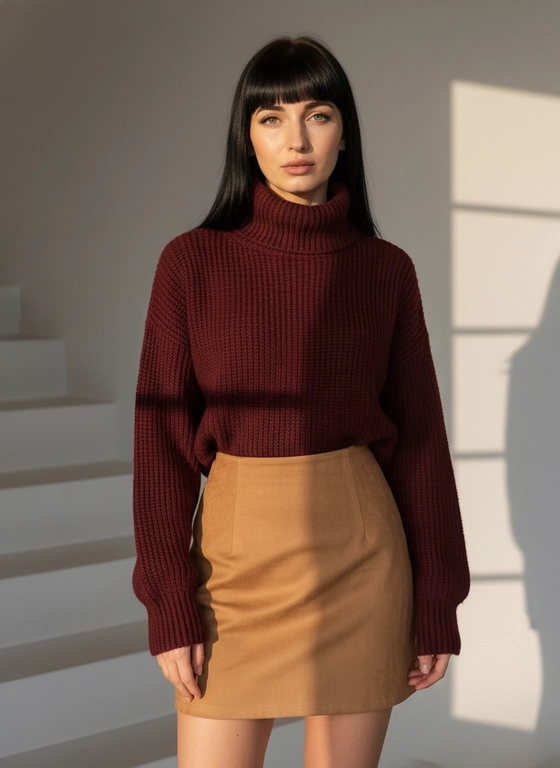 Создайте портретную фотографию в высоком разрешении молодой женщины, стоящей по центру в вертикальной рамке, занимающей среднюю треть композиции. Она смотрит на камеру с прямым взглядом, голова немного наклонена вперед, выражая нейтральное или слегка созерцательное настроение, губы приоткрыты, глаза смотрят прямо вперед. Волосы как на фото, чёлка как на фото. На ней темно-бургундский вязаный свитер с высоким воротником, имеющий крупную ребристую текстуру, оверсайз, а рукава заканчиваются на обтягивающих манжетах. Внизу у нее юбка мини из гладкой замши цвета верблюда с высокой талией, заканчивающаяся на середине бедра. Фон - минималистичный интерьер с теплой серой стеной, тремя прямоугольными ступенями слева и сильной тенью от окна справа. Освещение теплое и мягкое, создающее нежные блики и четкие тени, вид с уровня глаз с умеренной глубиной резкости и без артефактов постобработки, подчеркивающими теплые, земляные тона.
maximum image quality
preserve original resolution
no smoothing
no beauty filter
no skin retouching
sharp focus
natural texture