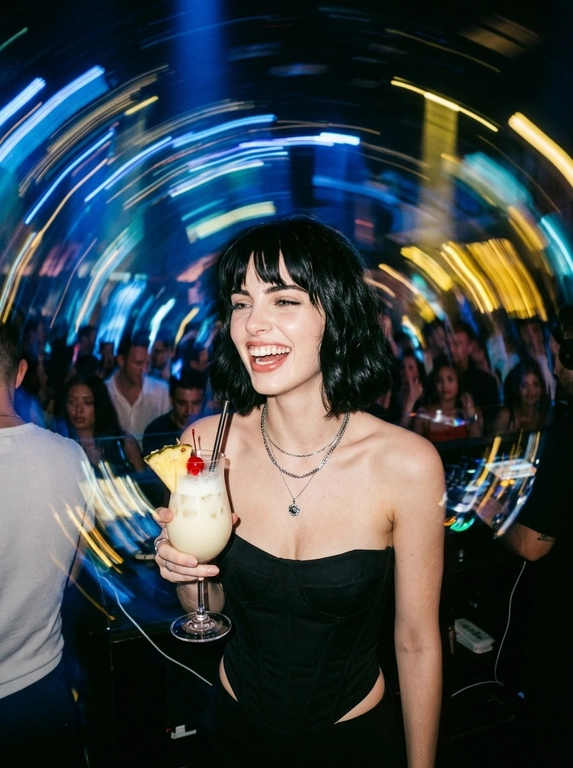Фотореалистичный, хаотичный и откровенный кадр в стиле папарацци, снятый с прямой резкой вспышкой в переполненном элитном НОЧНОМ клубе. Великолепная роскошная женщина искренне смеется, держа в руке изящный бокал с коктейлем Пина Колада. На ней черный матовый корсет без бретелей и стильные серебряные аксессуары.
Главная особенность кадра: художественный эффект размытого движения (motion blur) на фоне. Ночные огни превращаются в живописные длинные световые треки и полосы насыщенного синего и теплого желтого цвета, создавая динамичный кадр света вокруг её четкой фигуры.
Объемный холодный свет. Текстура зернистой пленки (film grain), сырая энергия, атмосфера бурной ночной вечеринки, высокая детализация кожи и ткани.
-ar 4:5 -style raw


Какая будет прическа?: Не изменять мою прическу