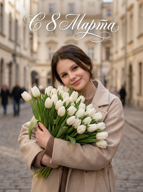 Человек на улице держит большой букет белых тюльпанов, прижимает его к груди. На Человеке светло-бежевое пальто свободного кроя, под пальто коричневый трикотажный топ. Человеке мягко улыбается, взгляд направлен в камеру, живые эмоции, голова немного наклонена вбок. Съёмка по пояс. Естественный тёплый дневной свет, мягкие тени. Фон — городская архитектура в нейтральных бежевых тонах, слегка размытый. Реалистичная фотография, высокая детализация кожи и ткани, натуральные цвета, shallow depth of field, lifestyle photography, soft natural light. Добавь надпись каллиграфическим изящным шрифтом белого цвета.

Какая будет надпись?: Текст сверху: "С 8 Марта"