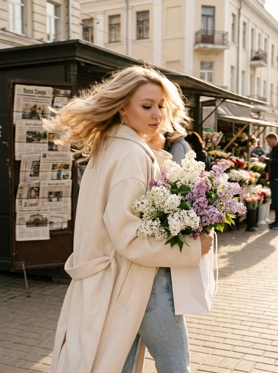 Создай фото, не меняя черты лица и цвет волос. Фотореалистичный уличный кадр, высокая детализация. Фон — старый киоск с газетами, здания, цветочные киоски. Кинематографический эффект с добавлением плёночного зерна, фото на камеру Kodak. Освещение — карамельные оттенки, тёплые солнечные лучи; лёгкая пыльца отражается в лучах света. Весенний день. Модель повернута чуть спиной к камере, с лёгким поворотом головы в сторону камеры, без искажений её черт лица; взгляд на букет кокетливый. На руке у неё висит белый бумажный пакет; из пакета выглядывают пышные соцветия белой и сиреневой сирени — их много, очень объёмные шапочки. Одежда — элегантное оверсайз-пальто кремового цвета со спущенным плечом и лацканами на плечах и рукавах, светло-голубые джинсы и белая облегающая майка. Ракурс — уровень улицы, чуть заниженный угол, чтобы подчеркнуть масштаб фотографии. Фото в движении: намеренное смазывание волос для ощущения динамики. Эффект движения максимальный — сверхдлинная выдержка, экстремальный motion blur, сильное смазывание. Макияж — длинные ресницы, нюдовые губы, контуринг, чёрные стрелки. Общий тон кадра — романтичная, задумчивая и элегантная атмосфера, лёгкая полуулыбка на лице; фотореализм, высокое разрешение.