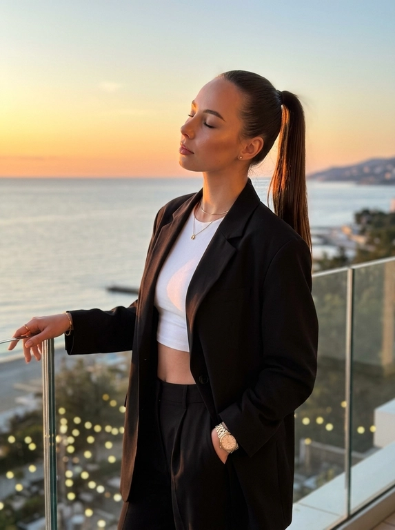 ultra realistic luxury sunset portrait of a woman standing on a balcony with ocean view,  candid instagram aesthetic, taken on iPhone 16 Pro Max. woman standing relaxed near glass railing, body slightly turned sideways, one arm resting on railing, eyes closed enjoying warm sunlight, elegant feminine posture.
outfit: oversized black blazer, fitted white crop top, elegant black trousers, luxury minimal jewelry and watch, classy old money aesthetic.
makeup: soft glam makeup with glowing bronzed skin, natural contour, sharp brows, long lashes, realistic skin texture and warm sunlight highlights.
lighting: warm golden hour sunlight, cinematic sunset glow, realistic natural shadows, soft highlights on hair and skin, luxury evening atmosphere.
background: ocean view, soft cloudy sunset sky, blurred city coastline and road below, cinematic depth, warm dreamy aesthetic.
camera: realistic iphone portrait shot, 50mm lens look, shallow depth of field, focus on woman with softly blurred background.
important: ultra realistic iphone photography, candid luxury influencer vibe, cinematic rich girl aesthetic, natural body proportions, realistic skin texture, film look, no overprocessed ai skin.

Какая будет прическа? : Волосы уложены в высокий хвост
