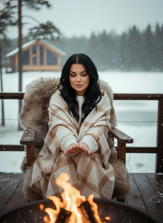 Создайте портрет в кинематографической стиле с эффектом зерна, женщины, сидящей на улице зимой на деревянном стуле на стуле шкура меховая коричневая. Идёт легкий снег. Она в белом вязанном свитере и сверху накинут плед бежевый большой. Её волосы уложены в свободные волны частично падая на лицо, а макияж естественный, ресницы длинные.
На фоне деревянный дом с панарамным окном, озеро частично видно и высокие сосны.
Перед девушкой на переднем плане костровая чаша с огнем не в фокусе
Греет руки над огнем