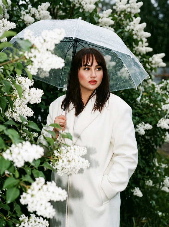 Создай ультрареалистичное фото, строго не меняя черты лица человека с исходного изображения, кинематографичный кадр с плёночной зернистостью и эффектом вспышки, модель стоит среди густых цветущих кустов белой сирени, часть веток находится на переднем плане в мягком расфокусе с лёгким эффектом движения, создавая глубину кадра, идёт небольшой дождь, в воздухе ощущается влажность, заметные текстурные капли в пространстве, в руке прозрачный зонт, другая рука находится в кармане, поза естественная и расслабленная, корпус слегка развёрнут, взгляд направлен в сторону, макияж аккуратный с мягким контурингом, лёгким румянцем, кожа слегка подсвечена, губы с красноватым блеском, брови аккуратно уложены, освещение жёсткое фронтальное от вспышки с характерными бликами и контрастными тенями

Какая будет одежда?:  Белое шерстяное пальто оверсайз с широкими плечами